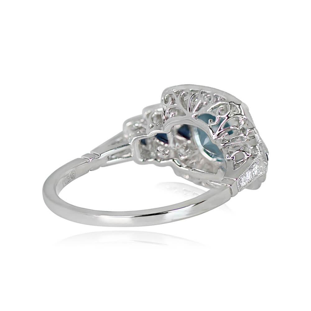 Art Deco 1.22ct Round Cut Aquamarine Engagement Ring, Diamond Halo, Platinum For Sale