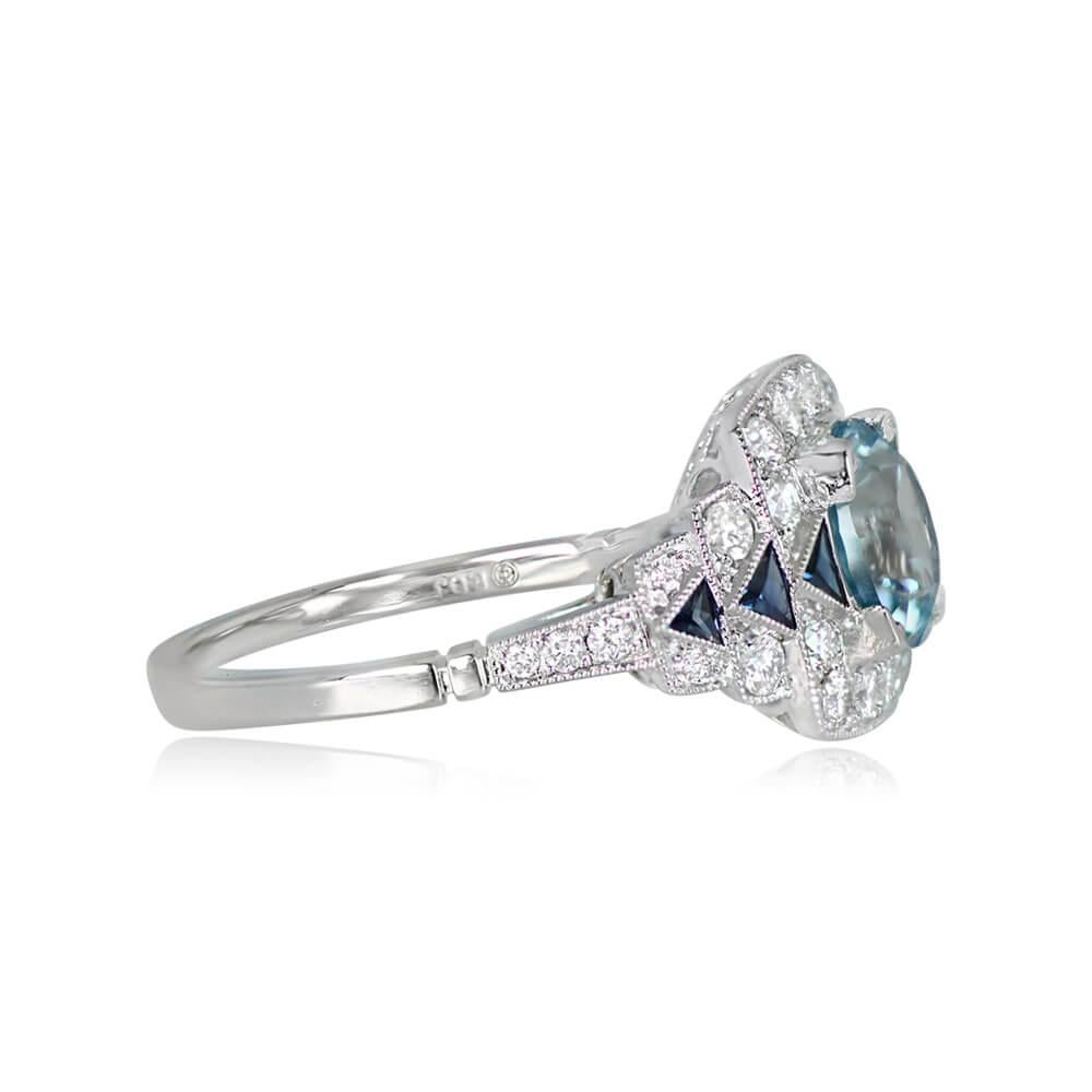 1.22ct Round Cut Aquamarine Engagement Ring, Diamond Halo, Platinum In Excellent Condition For Sale In New York, NY