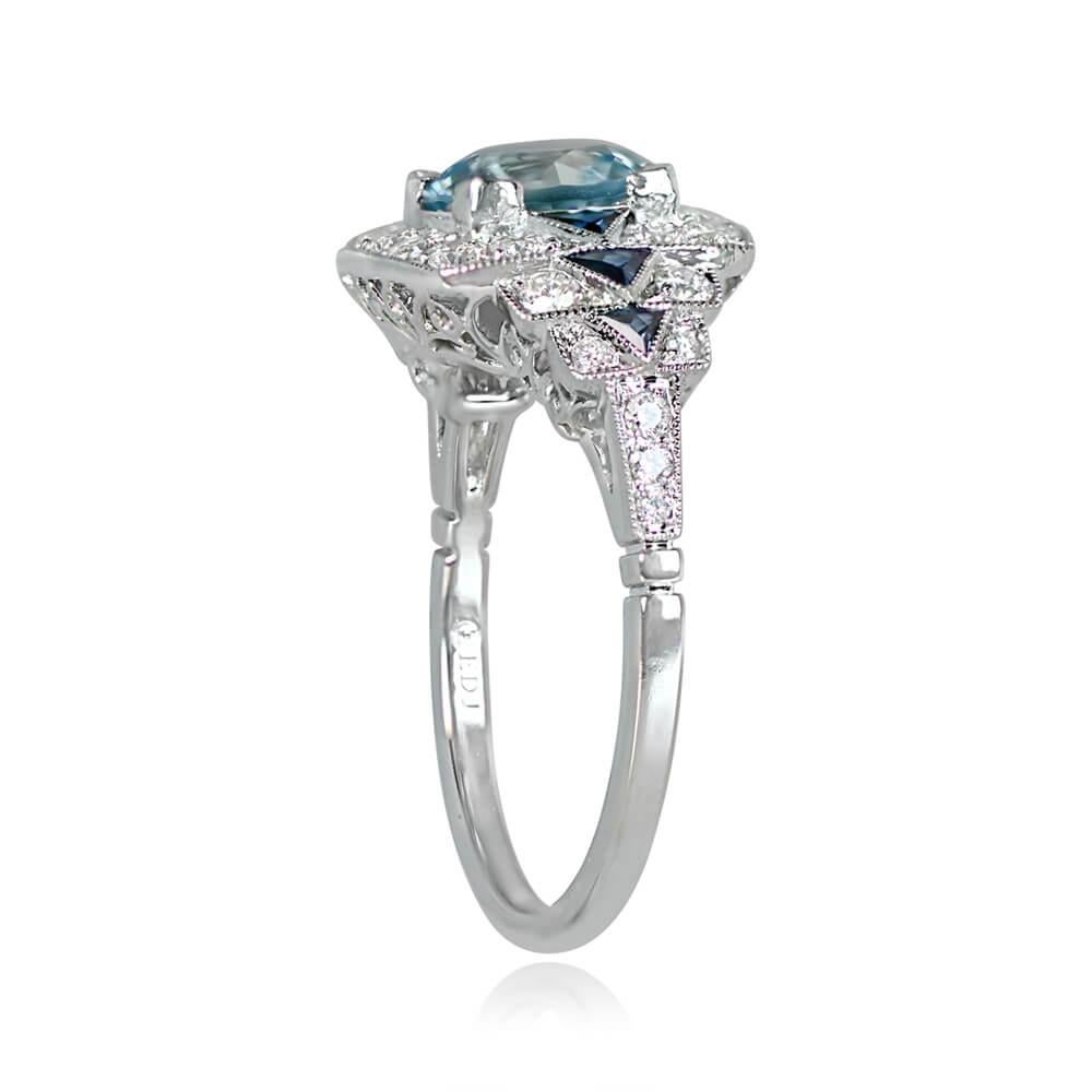 Women's 1.22ct Round Cut Aquamarine Engagement Ring, Diamond Halo, Platinum For Sale