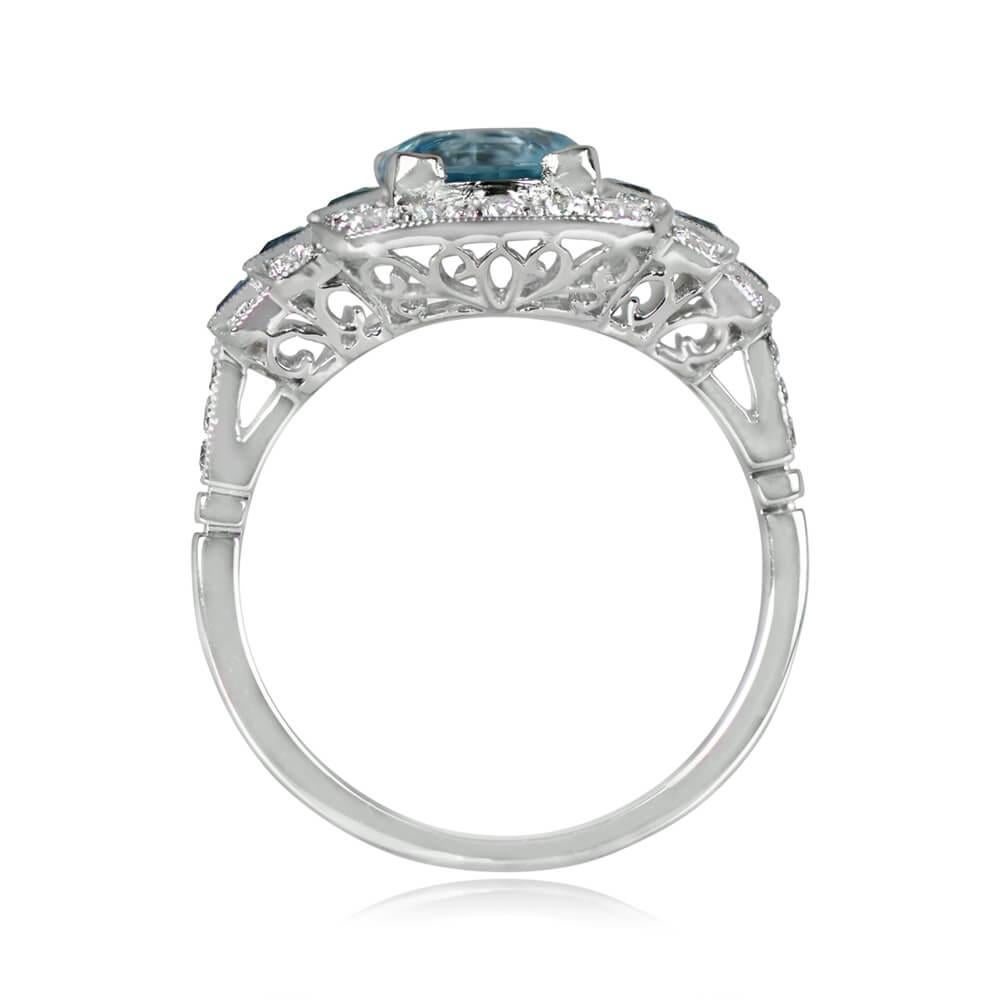 1.22ct Round Cut Aquamarine Engagement Ring, Diamond Halo, Platinum For Sale 1