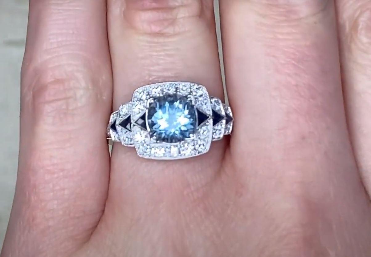 1.22ct Round Cut Aquamarine Engagement Ring, Diamond Halo, Platinum For Sale 2