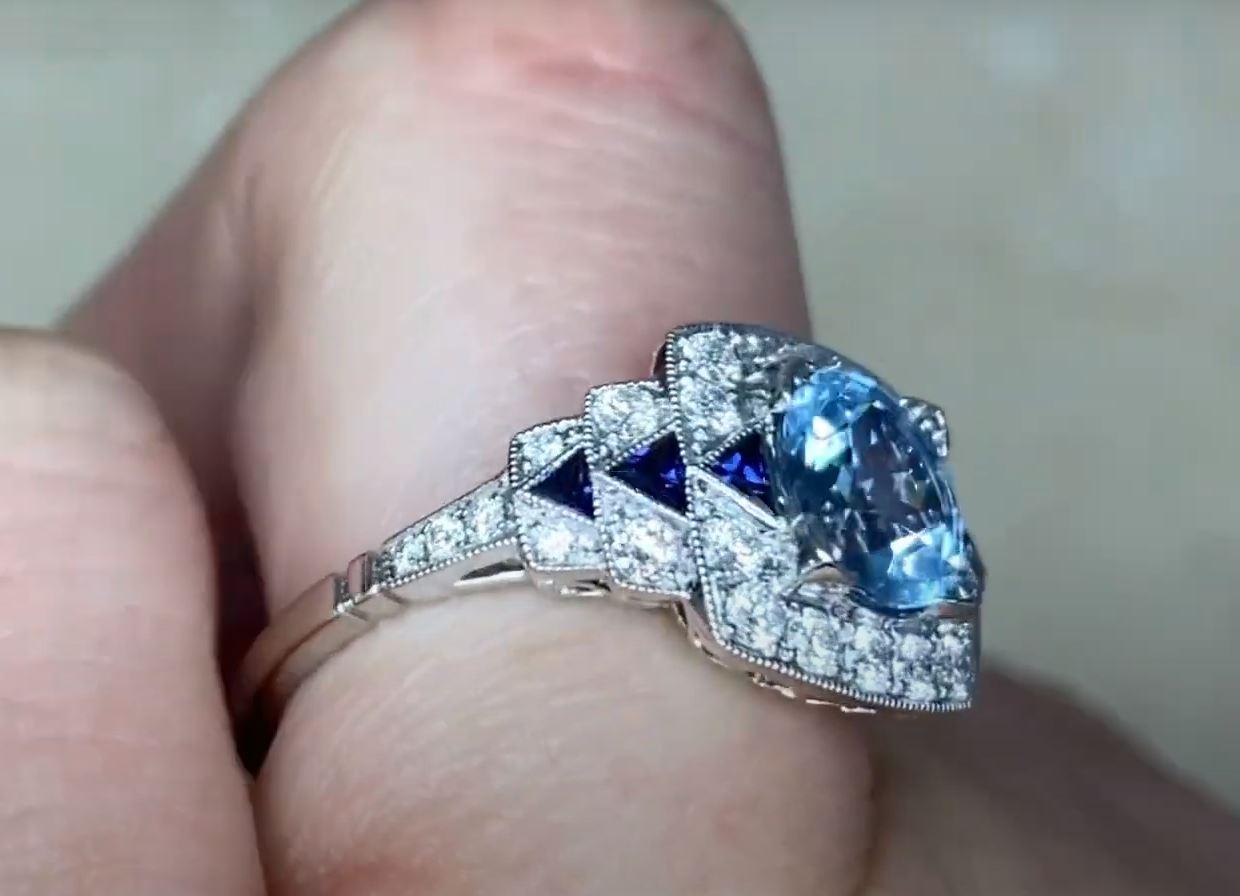 1.22ct Round Cut Aquamarine Engagement Ring, Diamond Halo, Platinum For Sale 3