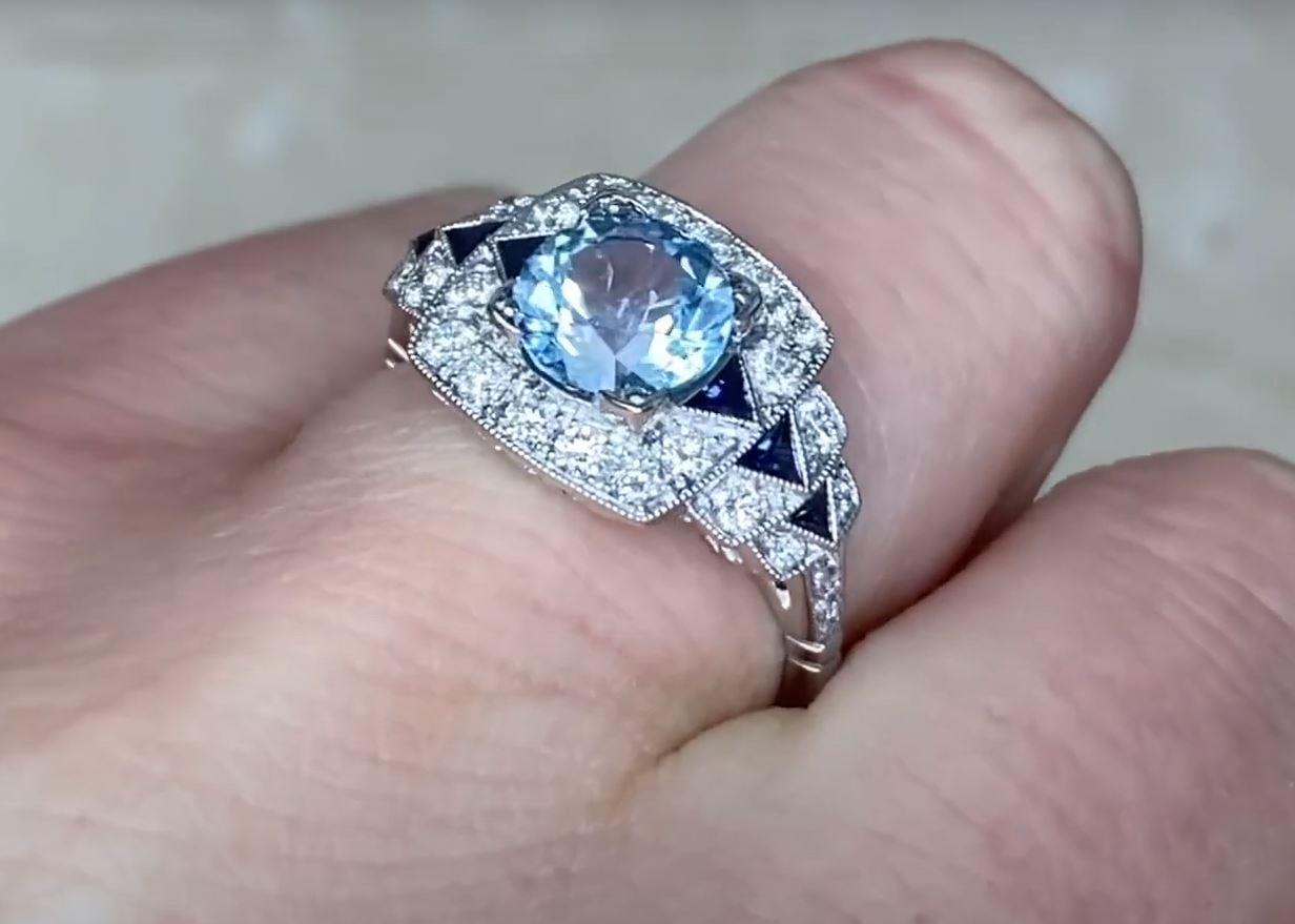1.22ct Round Cut Aquamarine Engagement Ring, Diamond Halo, Platinum For Sale 4