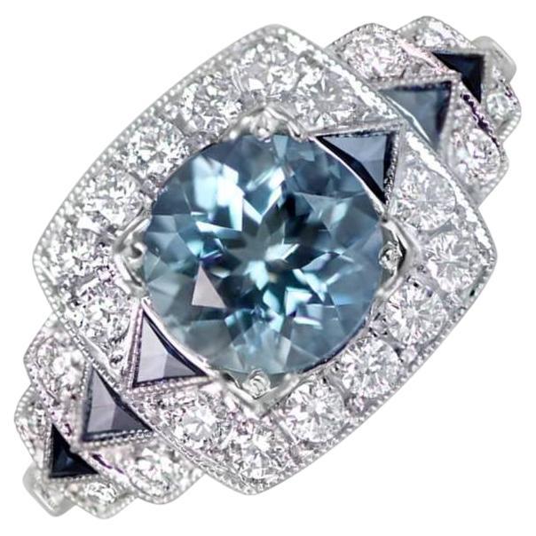 1.22ct Round Cut Aquamarine Engagement Ring, Diamond Halo, Platinum For Sale