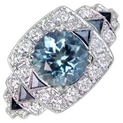 1.22ct Round Cut Aquamarine Engagement Ring, Diamond Halo, Platinum
