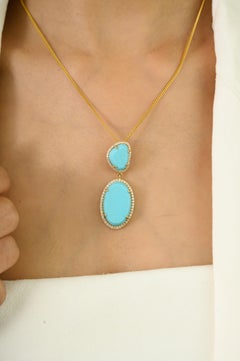 12,2 Karat Türkis Cabochon Diamant Halo Double Drop Anhänger in 14K Gelbgold