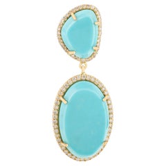 12,2 Karat Türkis Cabochon Diamant Halo Double Drop Anhänger in 14K Gelbgold