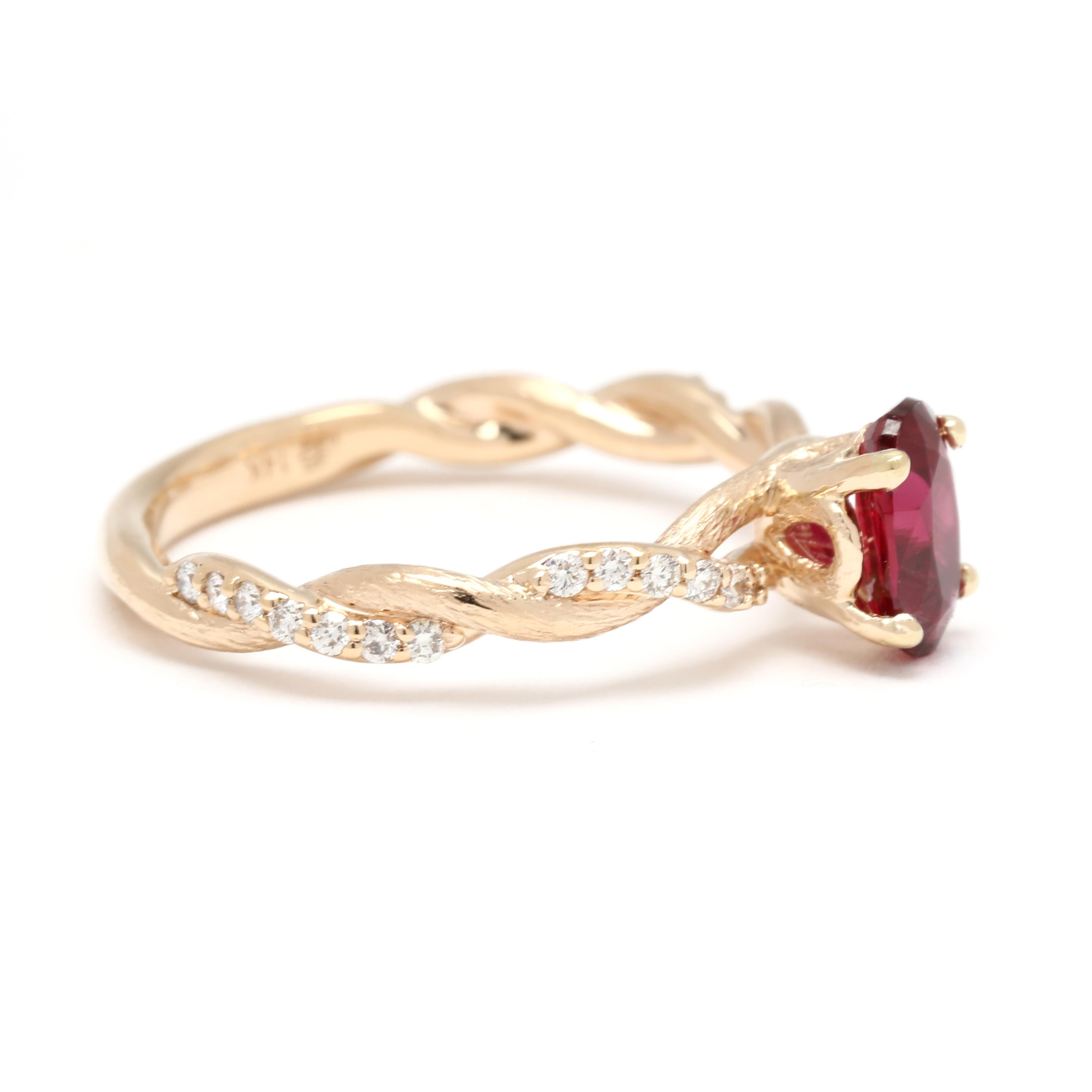 Steine:
Rubin, 1 Stein
Ovalschnitt
7 x 4.5 mm
etwa 1 Karat

Diamanten, 26 Steine
runder Brillantschliff
1.2 mm
etwa 0,22 Karat insgesamt
Farbe G-H, Reinheit VS2 - SI1

Ring Größe 6

Erhebung vom Finger: 5.7 mm

Breite des Bandes: 2.6 mm

Gewicht: