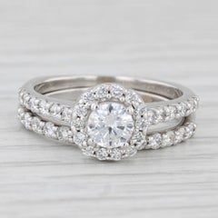 1.22ctw Diamond Halo Engagement Ring Wedding Band Bridal Set 14k White Gold