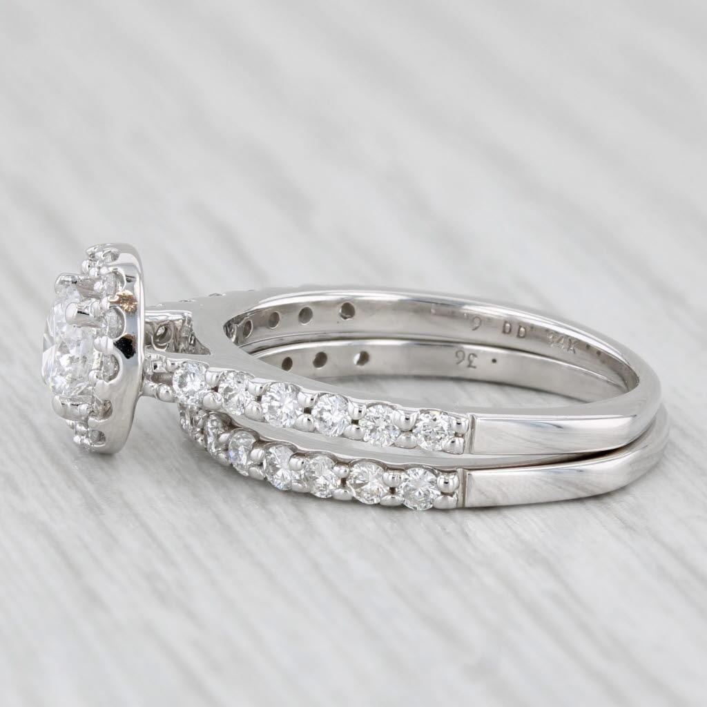 Women's or Men's 1.22ctw Diamond Halo Engagement Ring Wedding Band Bridal Set 14k White Gold For Sale