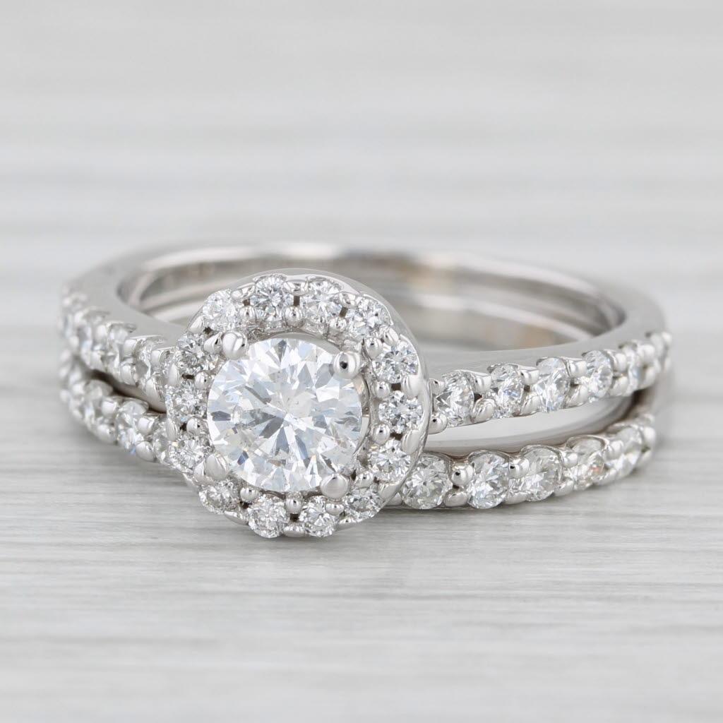 1.22ctw Diamond Halo Engagement Ring Wedding Band Bridal Set 14k White Gold For Sale 1
