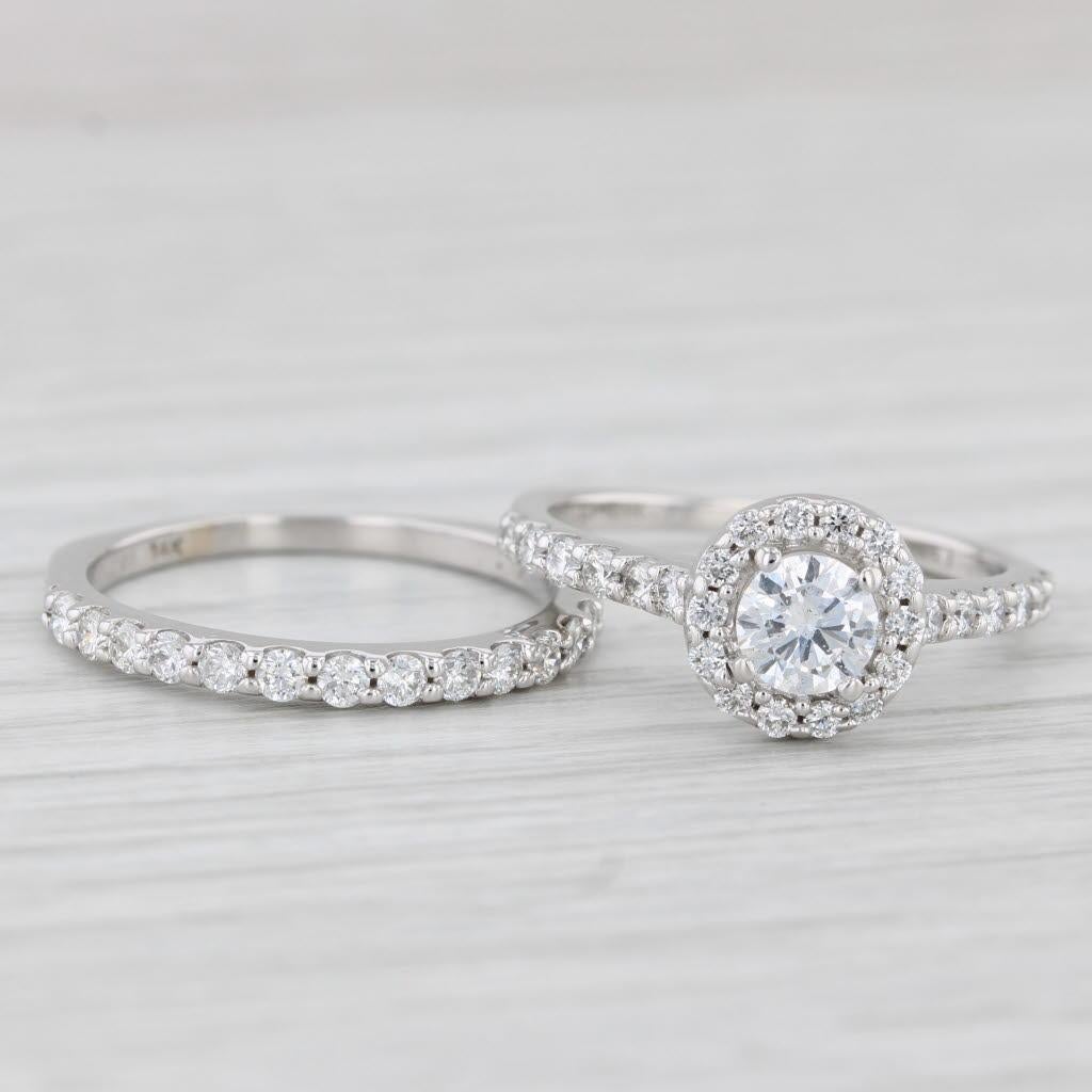 1.22ctw Diamond Halo Engagement Ring Wedding Band Bridal Set 14k White Gold For Sale 4