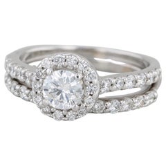 1.22ctw Diamond Halo Engagement Ring Wedding Band Bridal Set 14k White Gold