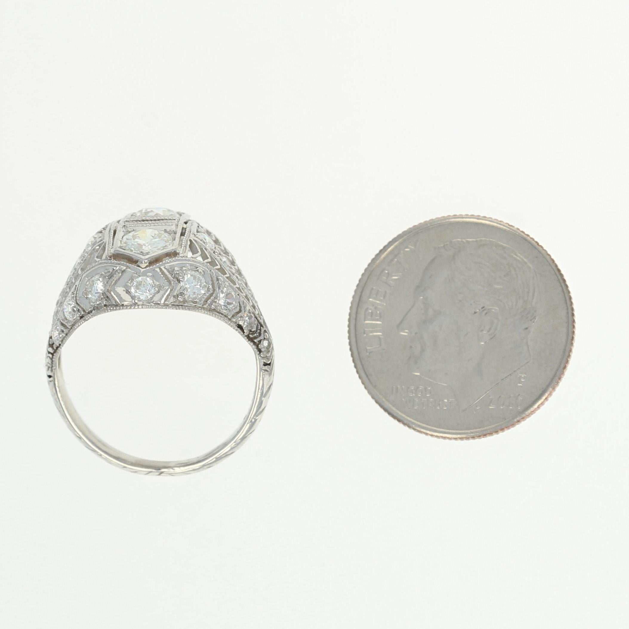 1.22 Carat European Cut Diamond Art Deco Ring, Platinum Vintage 1