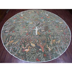 12'2"x12'2" Green Peshawar Birds of Paradise Design Hand Knotted Wool Round Rug