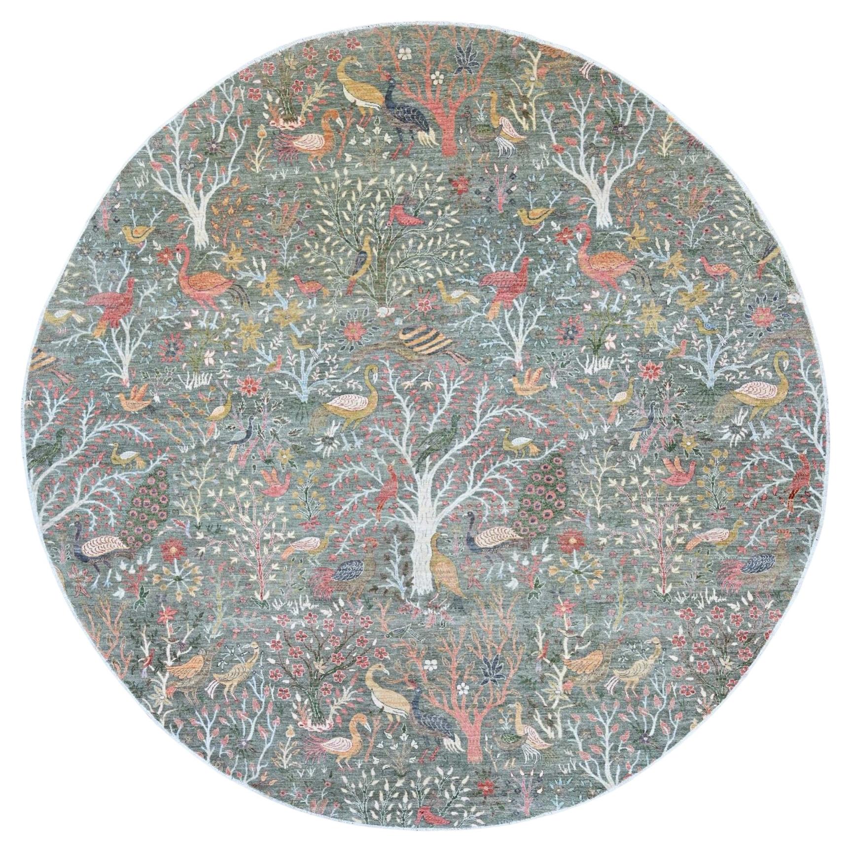 12'2"x12'2" Green Peshawar Birds of Paradise Design Hand Knotted Wool Round Rug For Sale