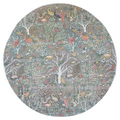 12'2"x12'2" Green Peshawar Birds of Paradise Design Hand Knotted Wool Round Rug