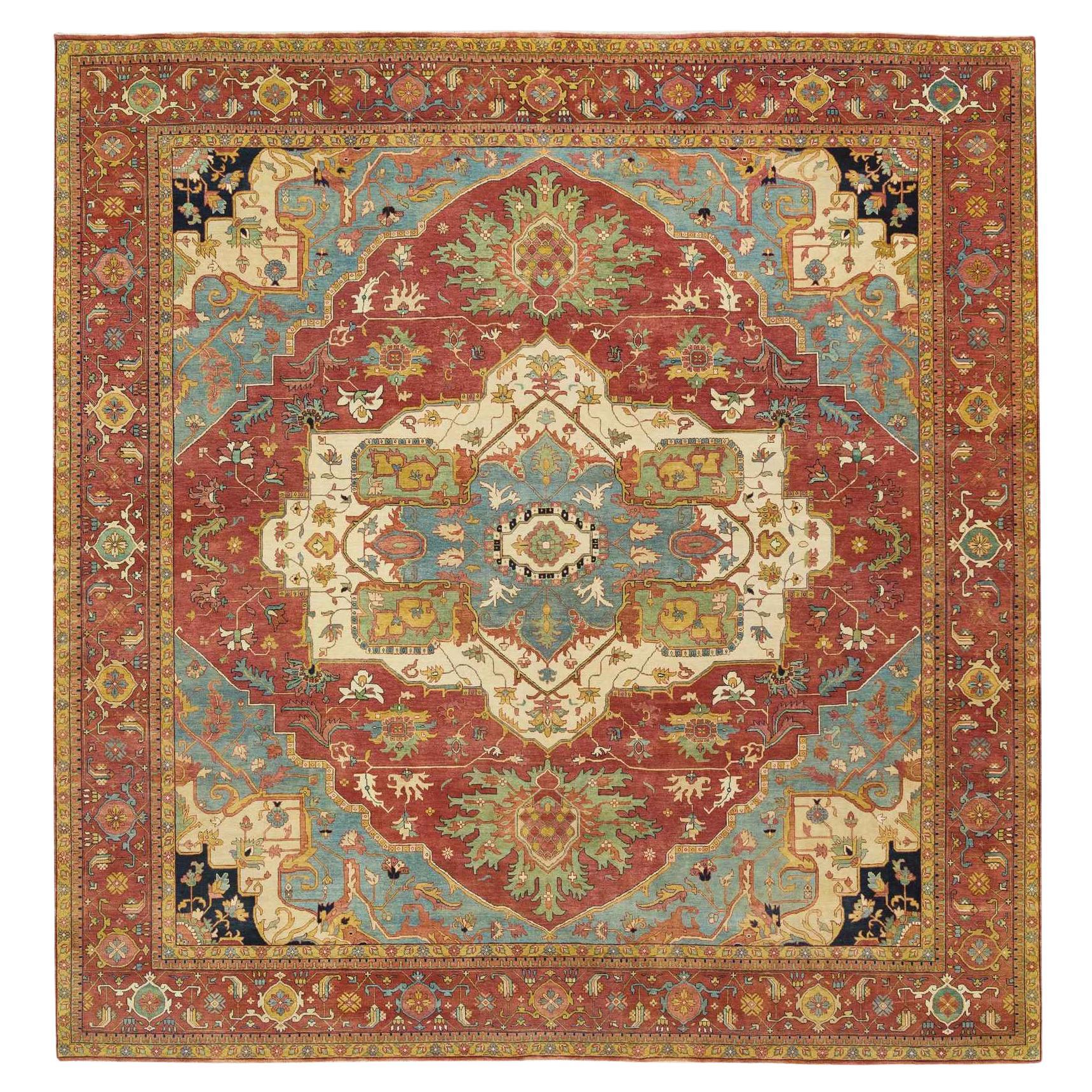 12'2 "x12'2" Roter handgeknüpfter antiker feiner Heriz Re-Creation Wollteppich quadratisch im Angebot