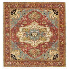 12'2 "x12'2" Roter handgeknüpfter antiker feiner Heriz Re-Creation Wollteppich quadratisch