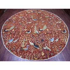 12'2"x12'2" Red Peshawar Birds of Paradise Design Hand Knotted Wool Round Rug