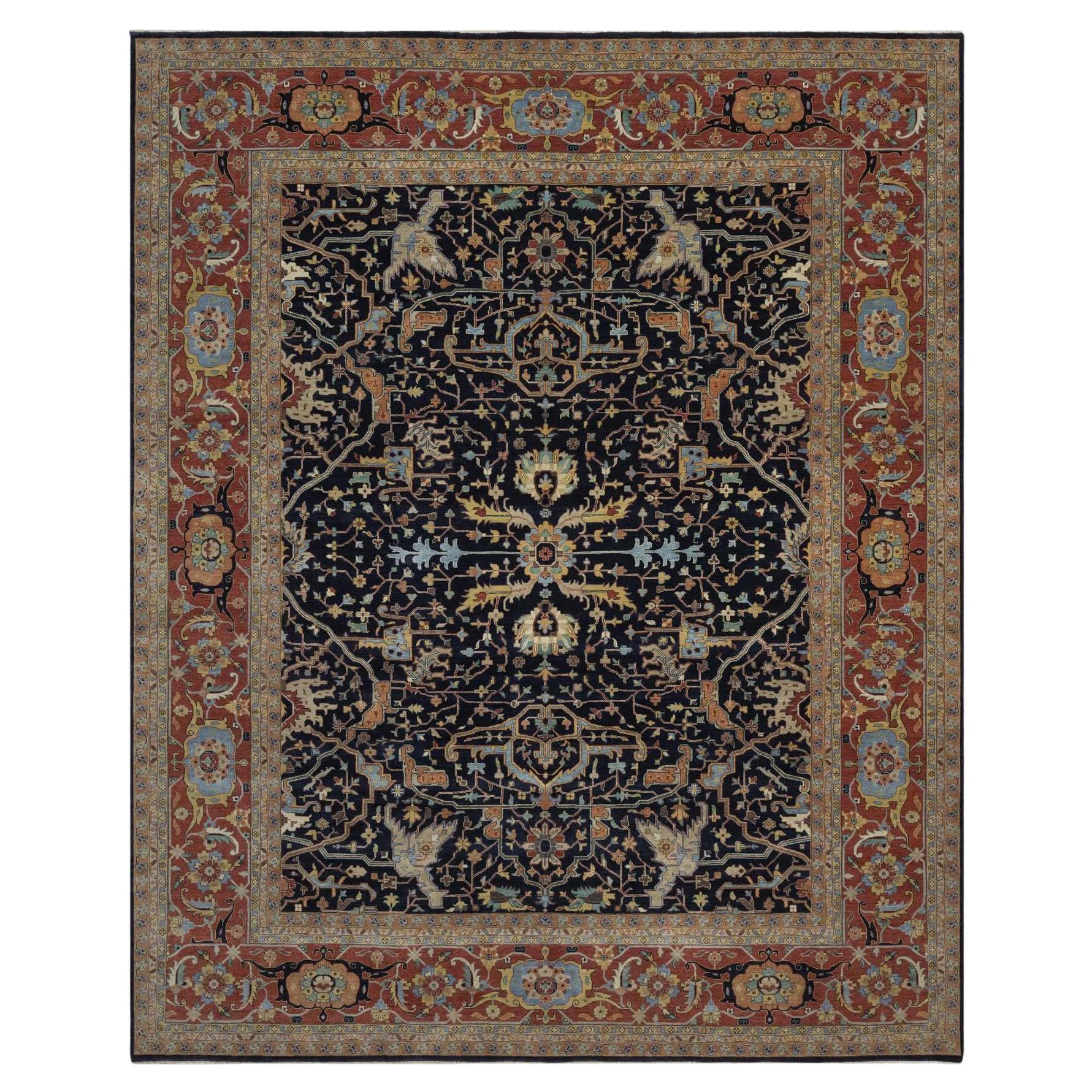 12'2"x14'10" Midnight Blue Soft Wool Hand Knotted Fine Heriz Re-Creation XL Rug