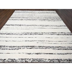 12'2"x14'9" Ivory Striae Design Undyed Wool Hand Knotted Oversized Oriental Rug