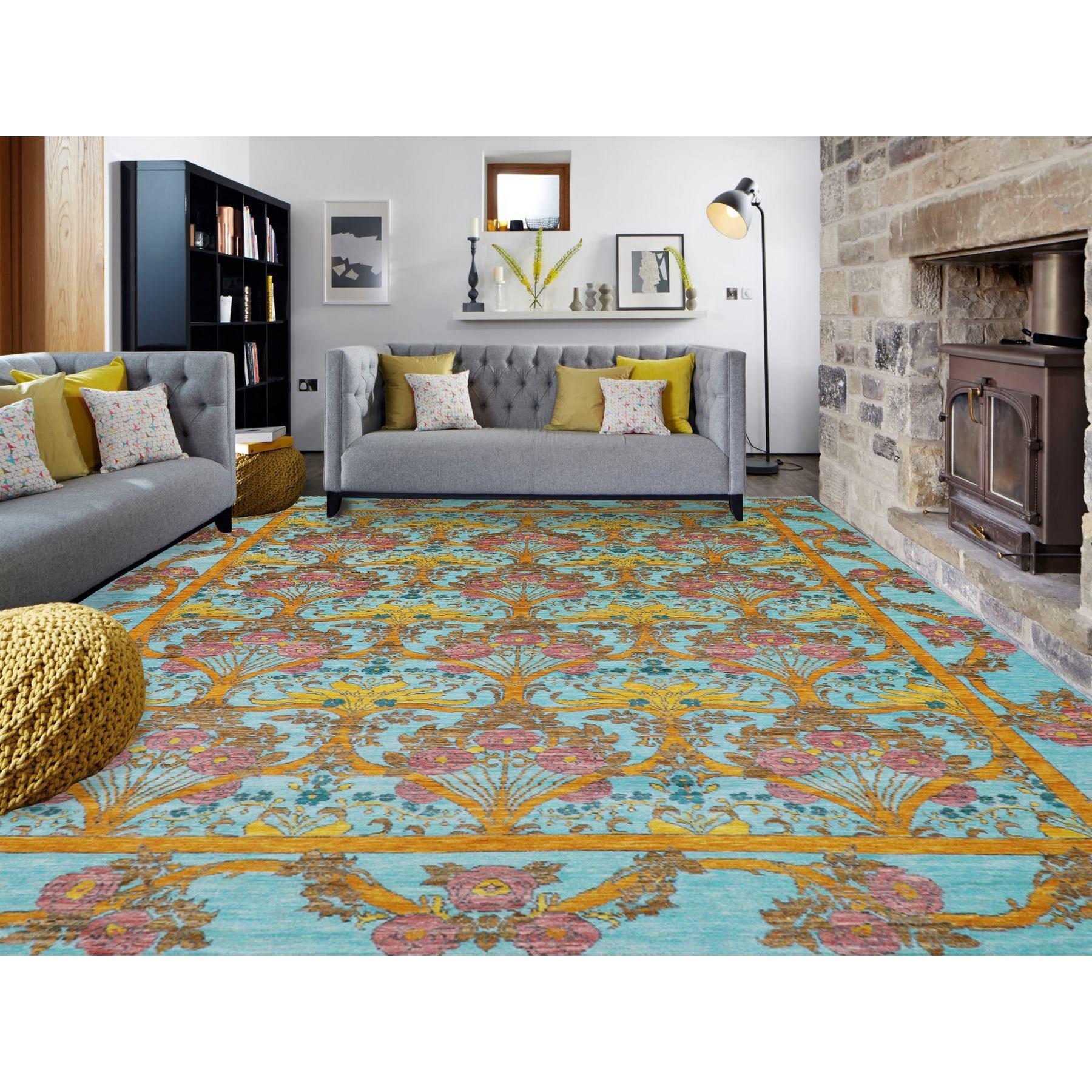Powder Blue, Arts and Craft William Morris Design Inspired, 100% Wool, Lush Pile, Hand Knotted, Oversized, Oriental Rug
Primary materials: Wool
Latex: No Pile 
height: 0.25 Inches
Style: Transitional
Primary color: Blue
Secondary colors: Russet