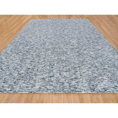 12'2"x15' Blue and Ivory, Wool Hand Loomed, Modern Striae Design Oversized Rug