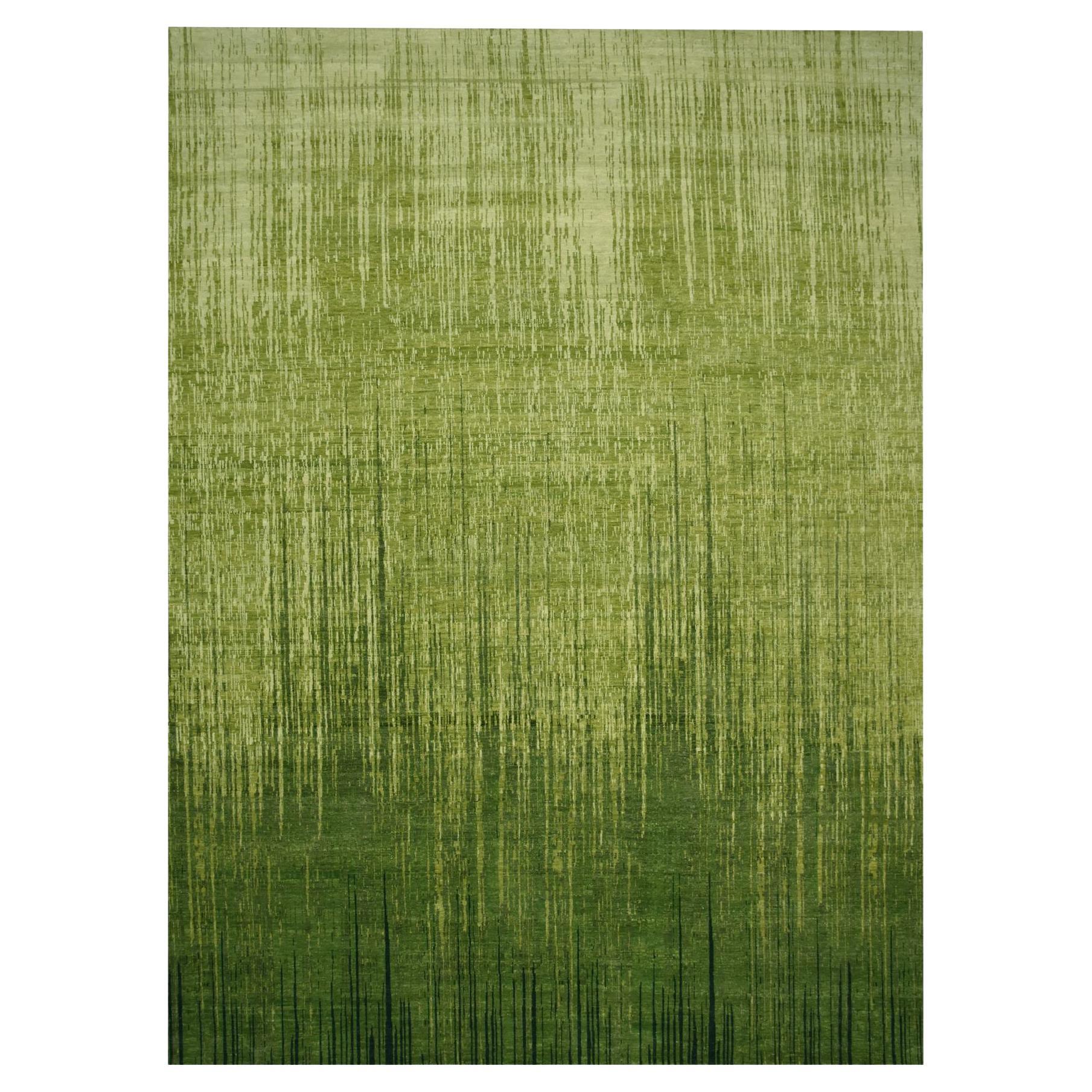 12'2"x15' Green Vertical Ombre Design Hand Knotted Wool Oversized Oriental Rug