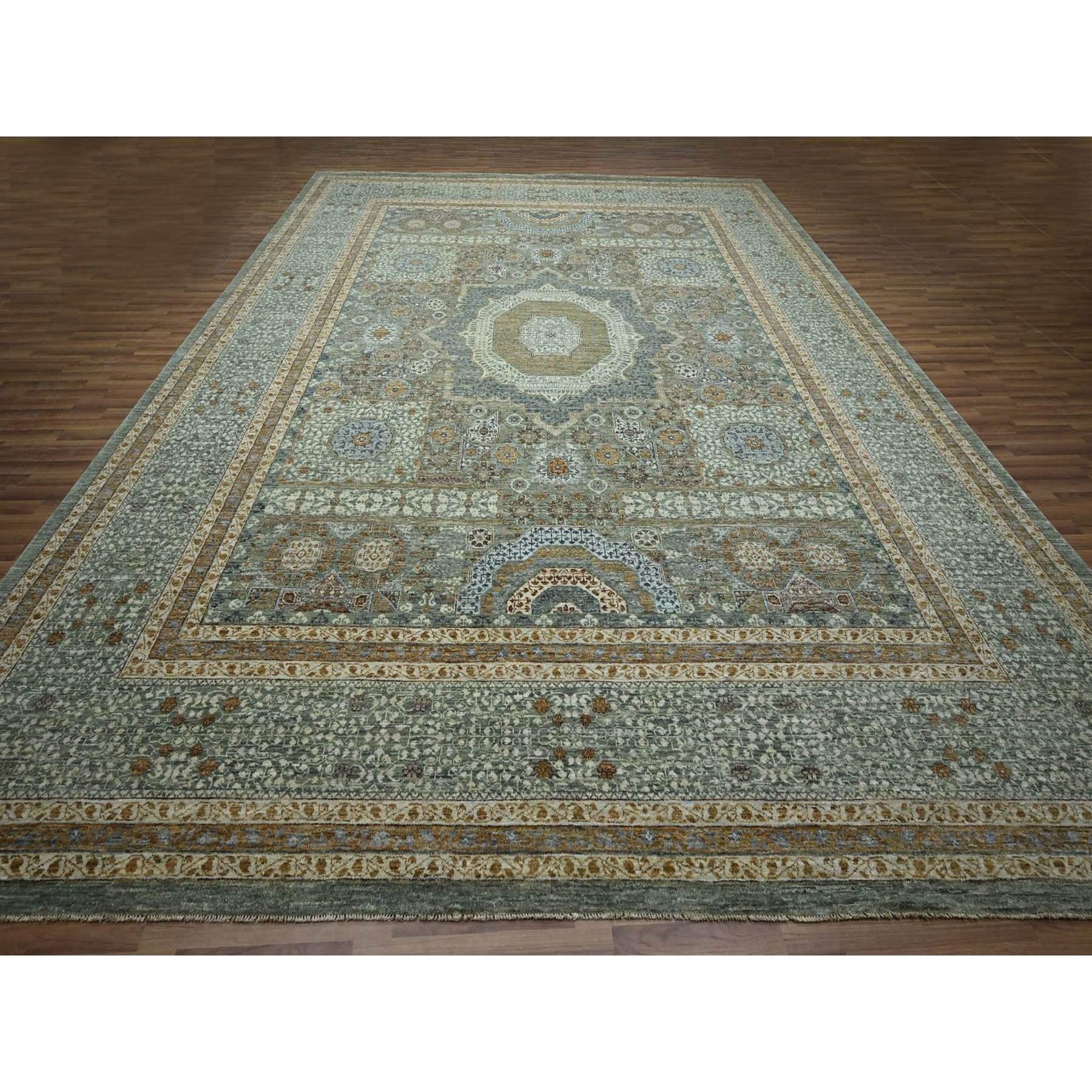 Sage Green, Pre Historic 14th Century Influence, Mamluk Design, Natural Dyes, Hand Knotted, Pure Wool, XL, Oversized, Oriental Rug
Primary materials: Wool
Latex: No Pile 
height: 0.25 Inches
Style: Traditional
Primary color: Green
Secondary colors: