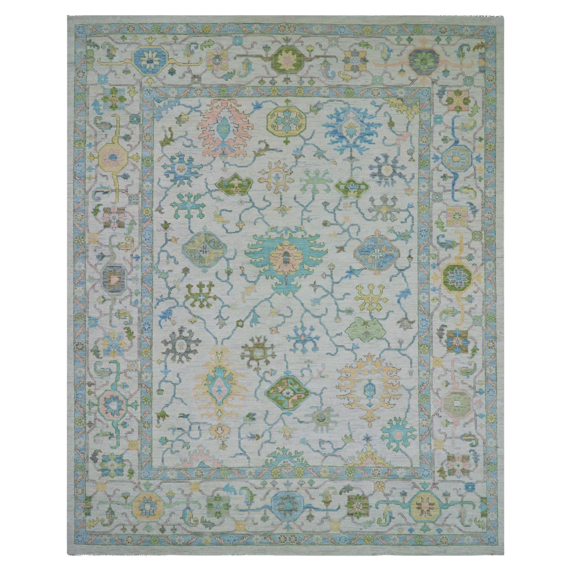 12'2"x15' Weißer, farbenfroher Oushak-Gewebe, handgeknüpfter, übergroßer Teppich aus 100 % Wolle in Übergröße
