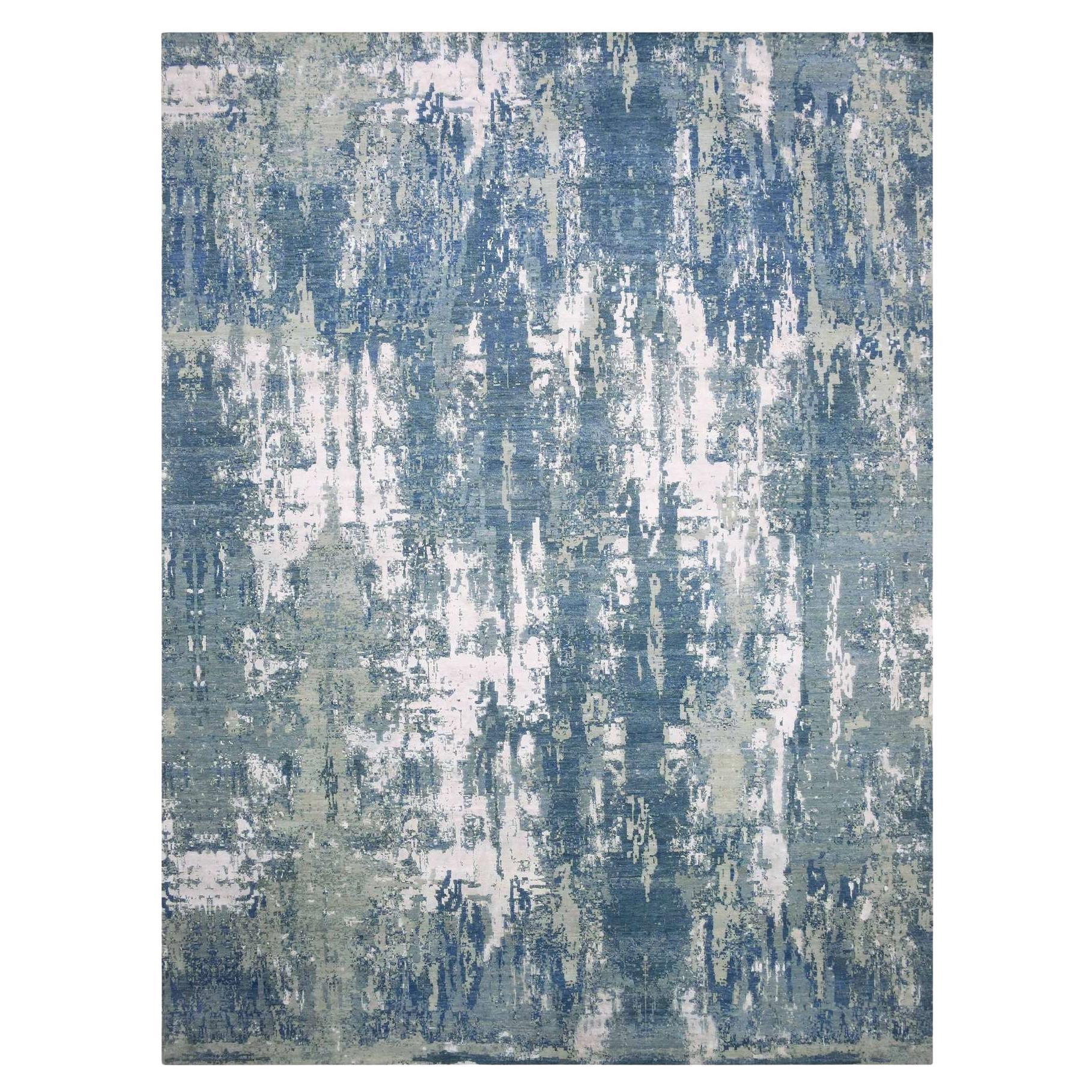 Tappeto oversize in seta e lana annodato a mano con design astratto blu oceanico 12'2 "x15'1"