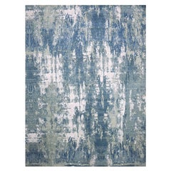 12'2"x15'1" Oceanic Blue Abstract Design Hand Knotted Silk & Wool Oversized Rug