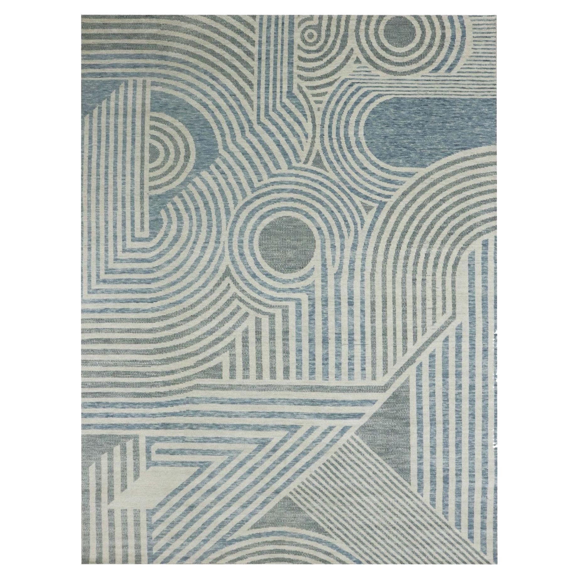 12'2"x15'2" Blue, Hand Knotted Geometric Art Deco Collection Wool Oversized Rug