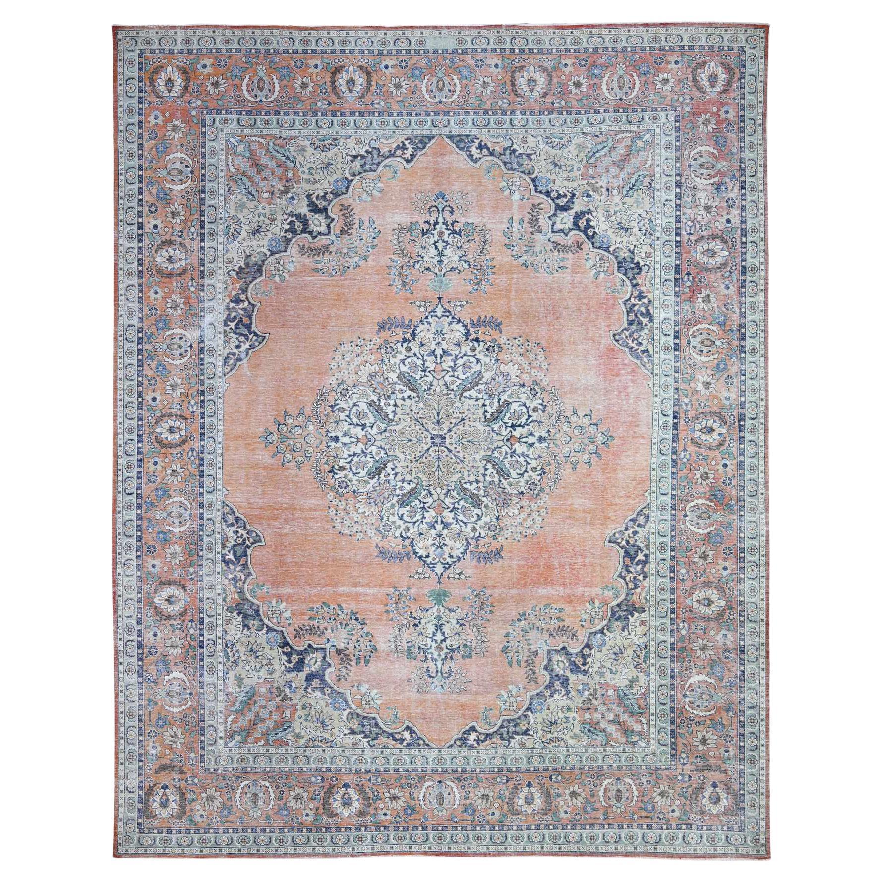 12'2"x15'2" Orange Pure Wool Hand Knotted Vintage Tabriz Oversized Oriental Rug