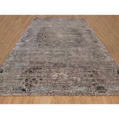 12'2"x15'3" Brown Erased Persian Flower Design Hand Knotted Silk & Wool XL Rug
