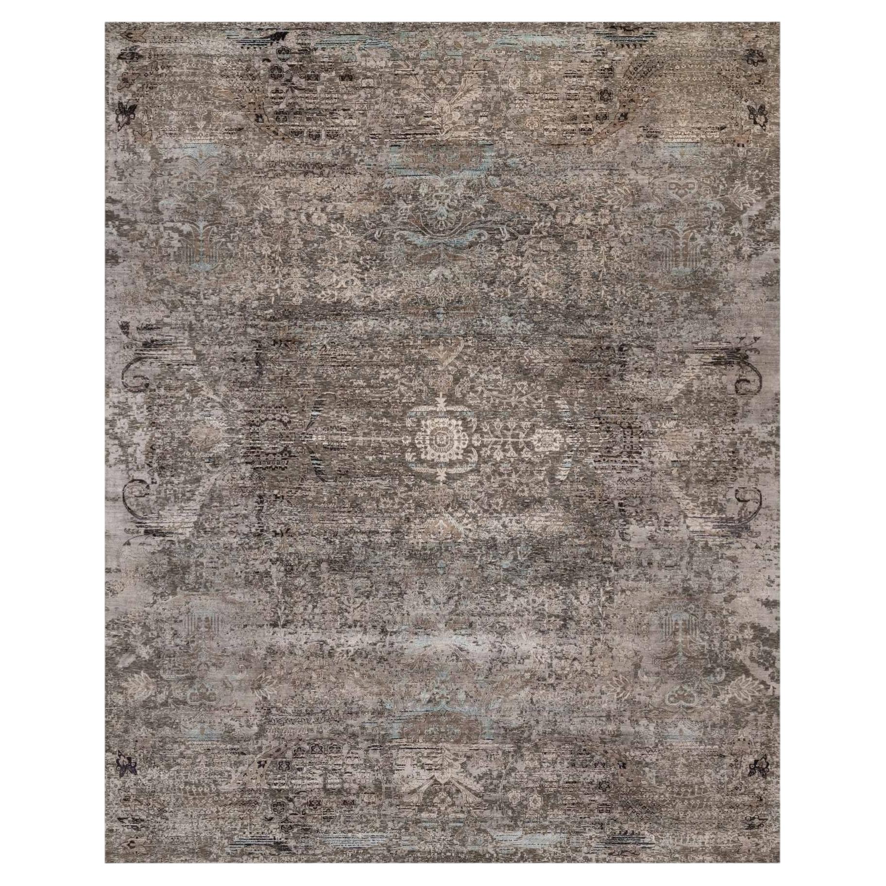12'2"x15'3" Brown Erased Flower Design Hand Knotted Silk & Wool XL Oriental Rug