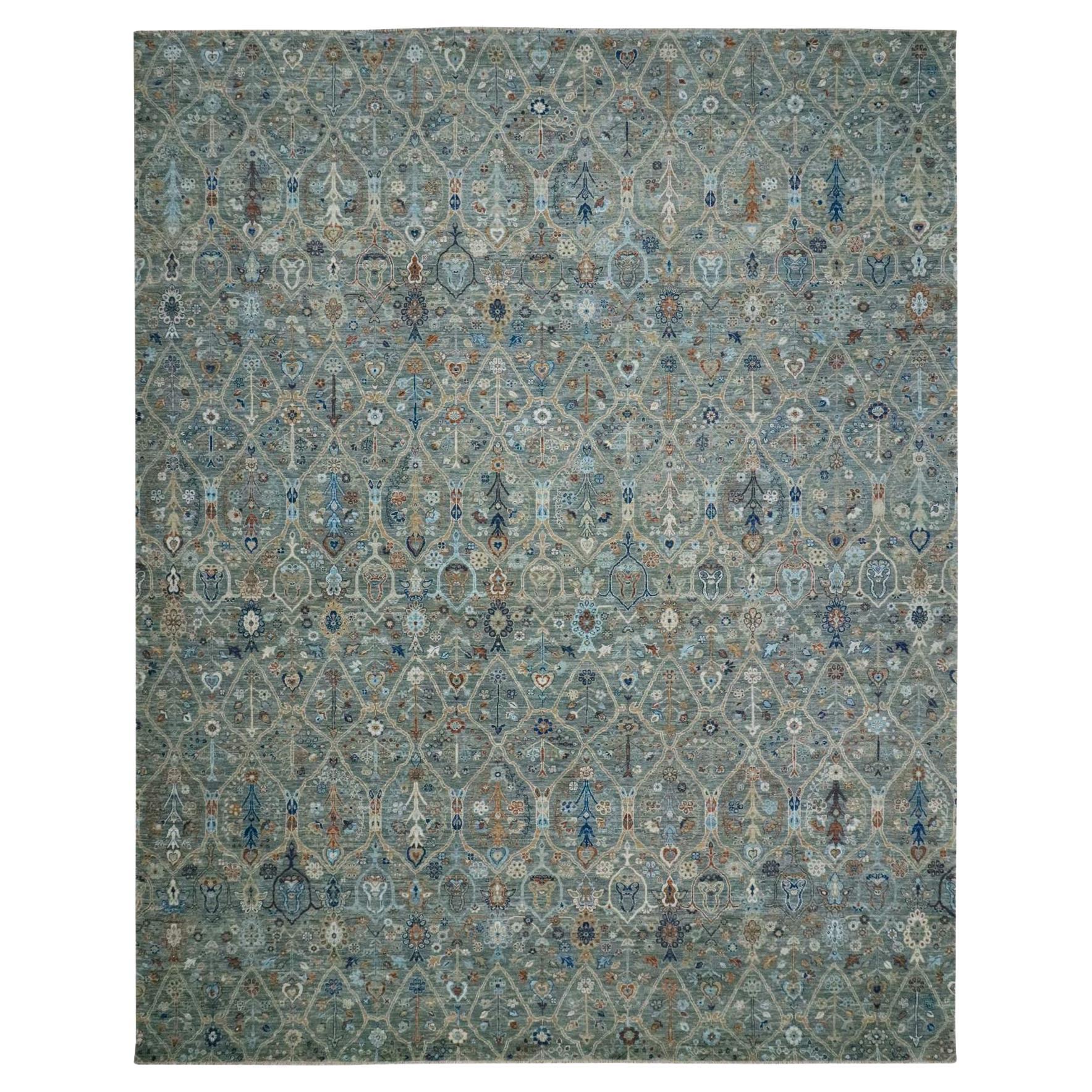 12'2"x15'3" Green Trellis Borderless Garden Design Hand Knotted Pure Wool XL Rug