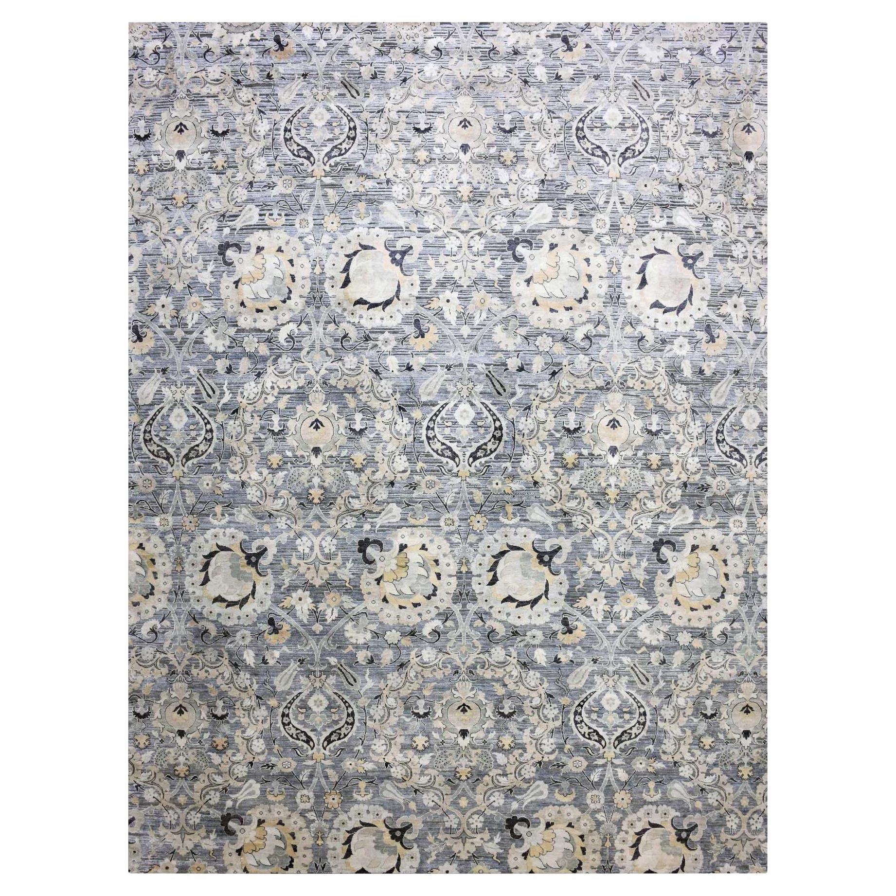 12'2 "x15'4" Graue Tulpe Große Blüte Wolle Handgeknüpft Oversize Orientteppich