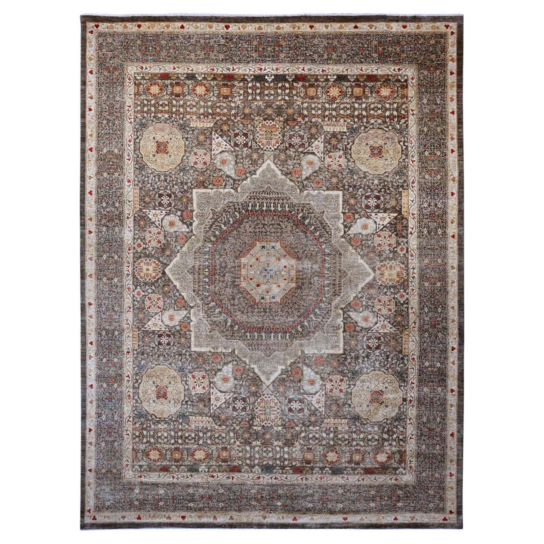 12'2 "x16' Mocha Brown Tappeto in lana annodato a mano del 14° secolo della dinastia Mamluke