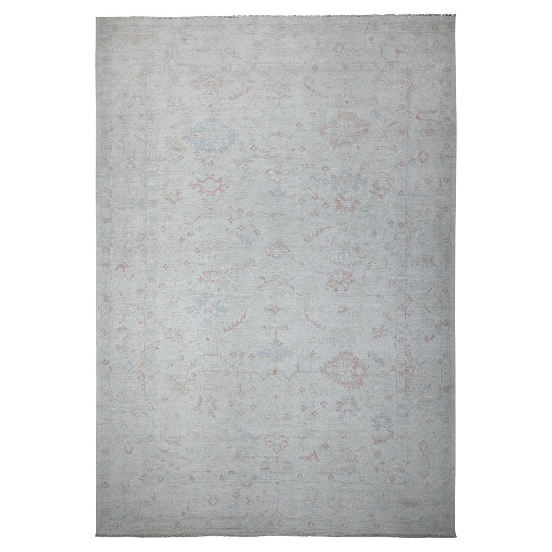 12'2"x18' Gray Hand Knotted Angora Oushak Wool Rural Leaf Design Oriental Rug