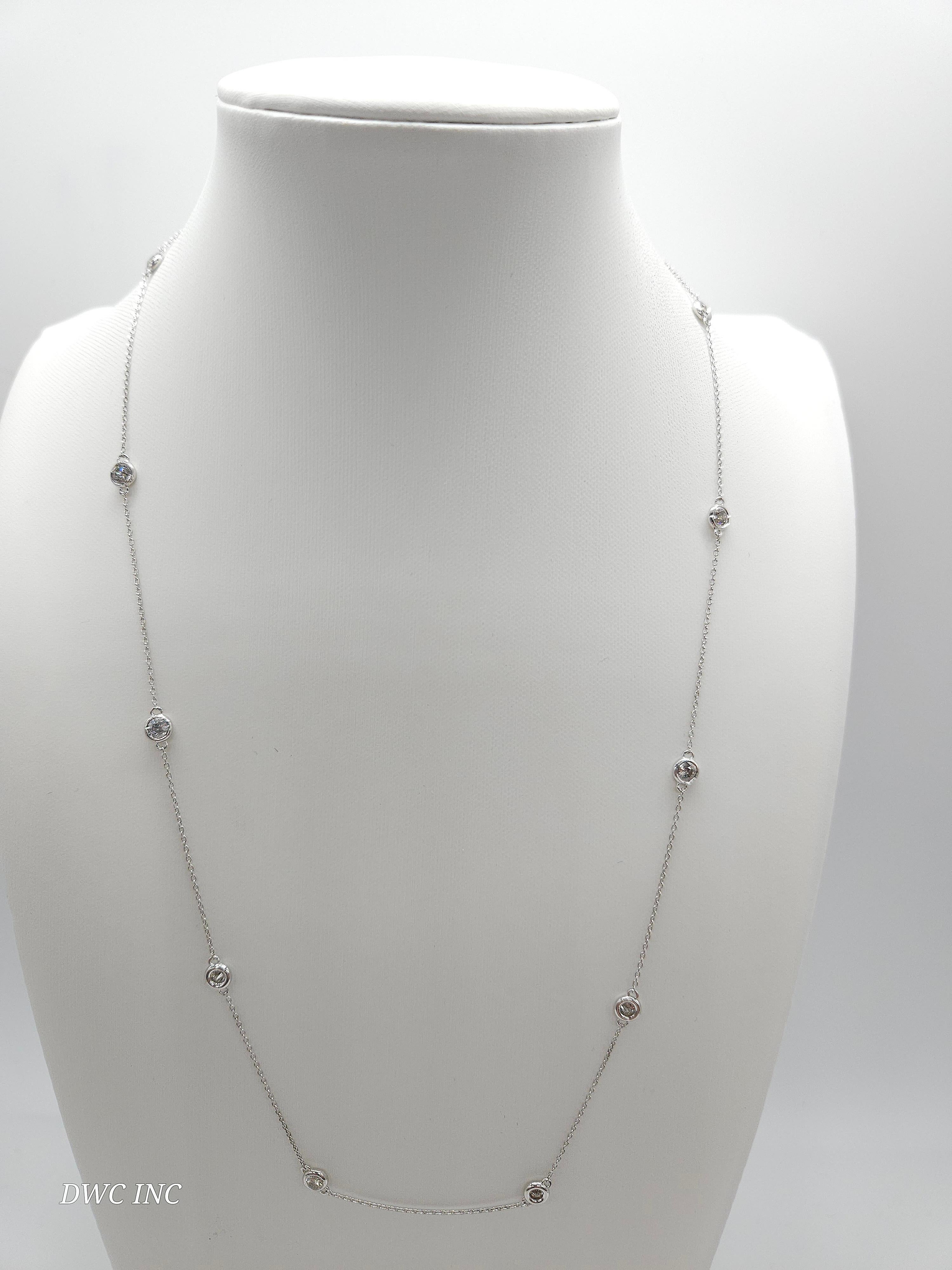 10 Station Diamond by the yard necklace set in Italian made 14K white gold. 
Total weight is 1.23 carats. Beautiful shiny stones. 
Length 16 inch 3.18 grams. Average F-I Natural Diamond

*Free shipping within U.S*