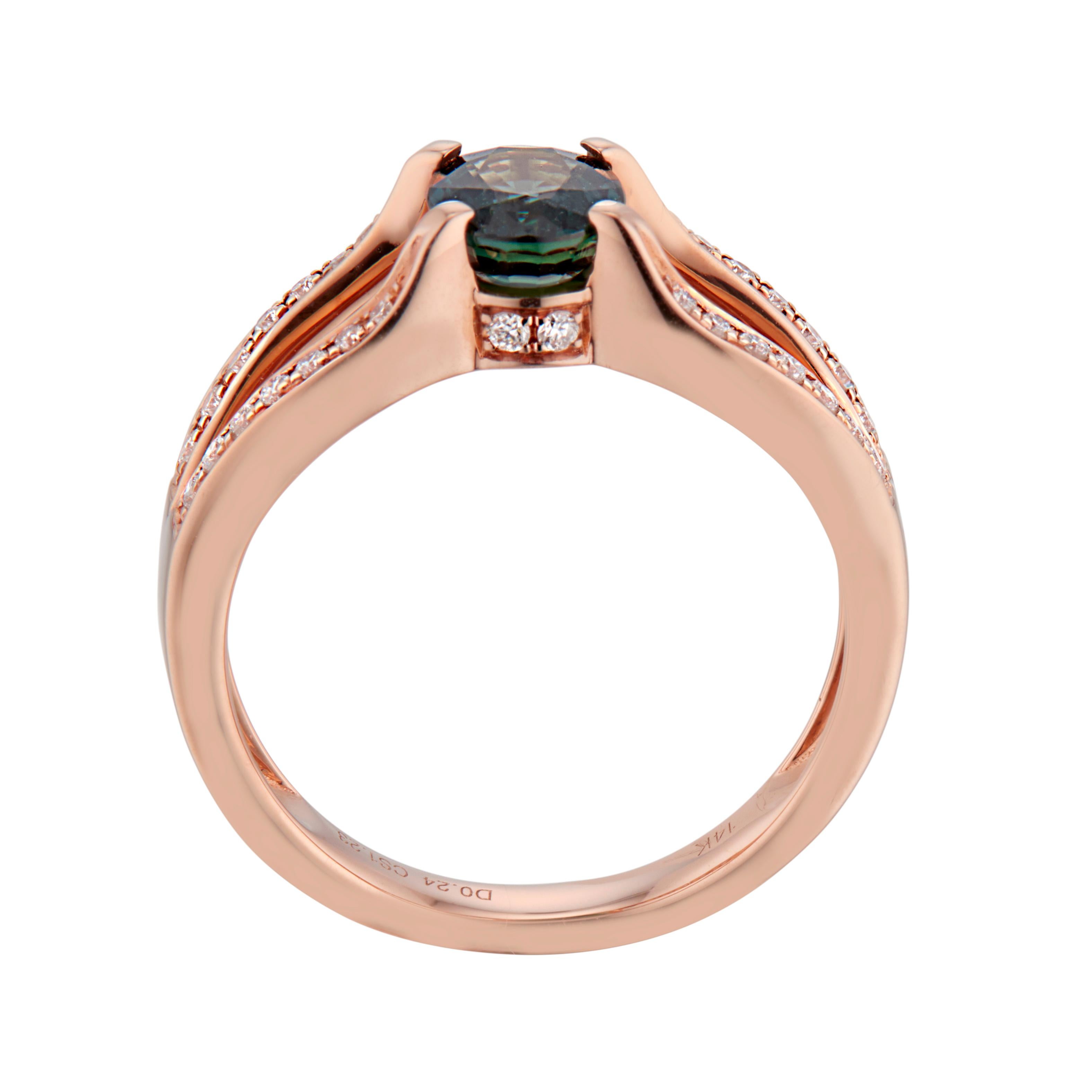 Oval Cut 1.23 Carat Blue Green Sapphire Diamond Rose Gold Engagement Ring For Sale