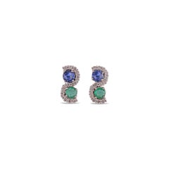 1.23  Carat Blue Sapphire, emerald & Diamond Earrings Studs in 18k Gold .