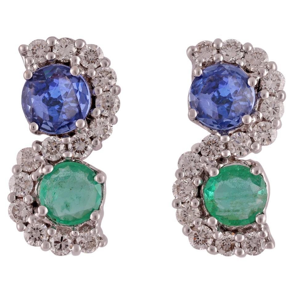 1.23  Carat Blue Sapphire, emerald & Diamond Earrings Studs in 18k Gold . For Sale