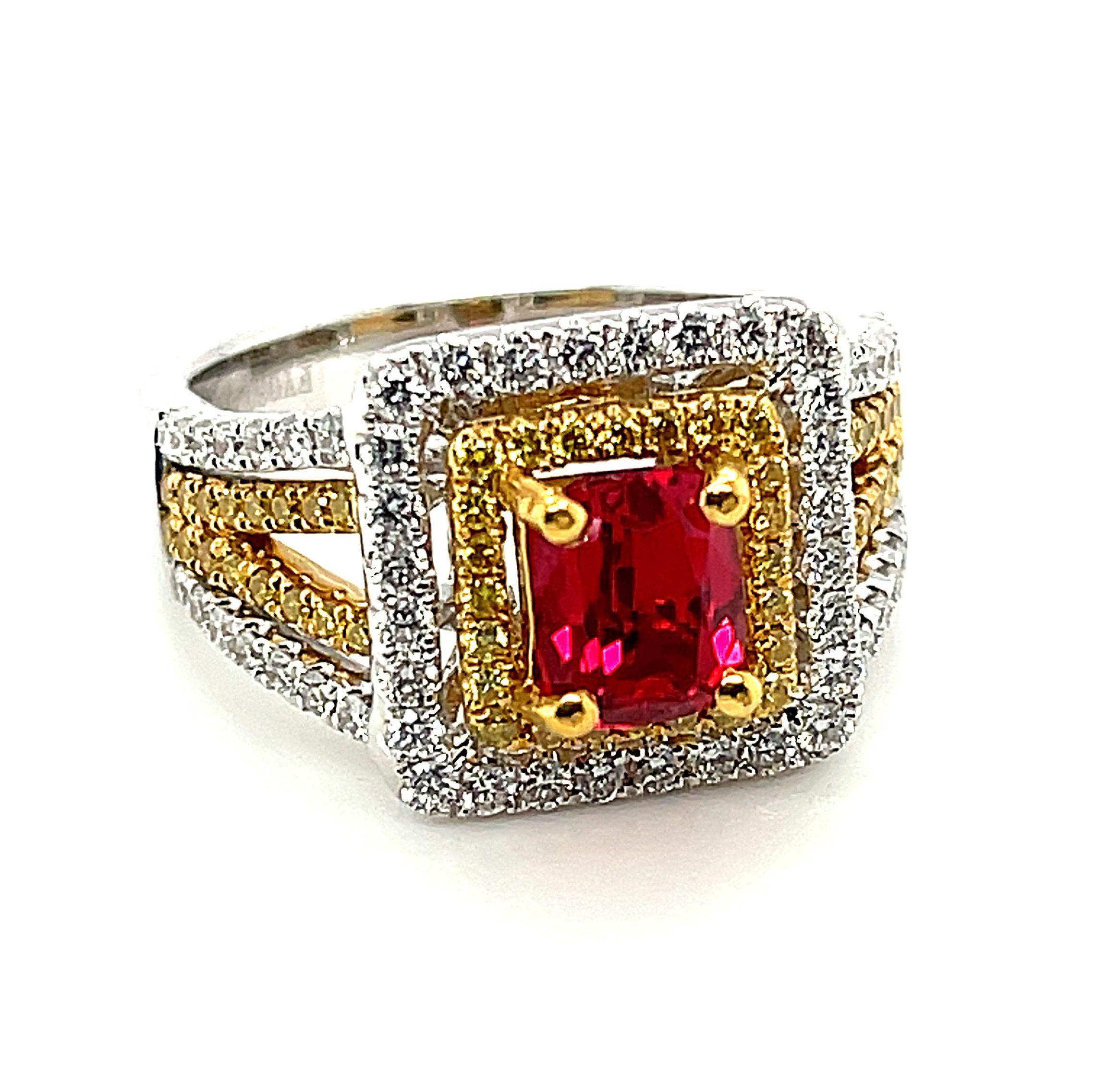 Artisan 1.23 Carat Burmese Red Spinel and Diamond Cocktail Ring in Yellow and White Gold For Sale