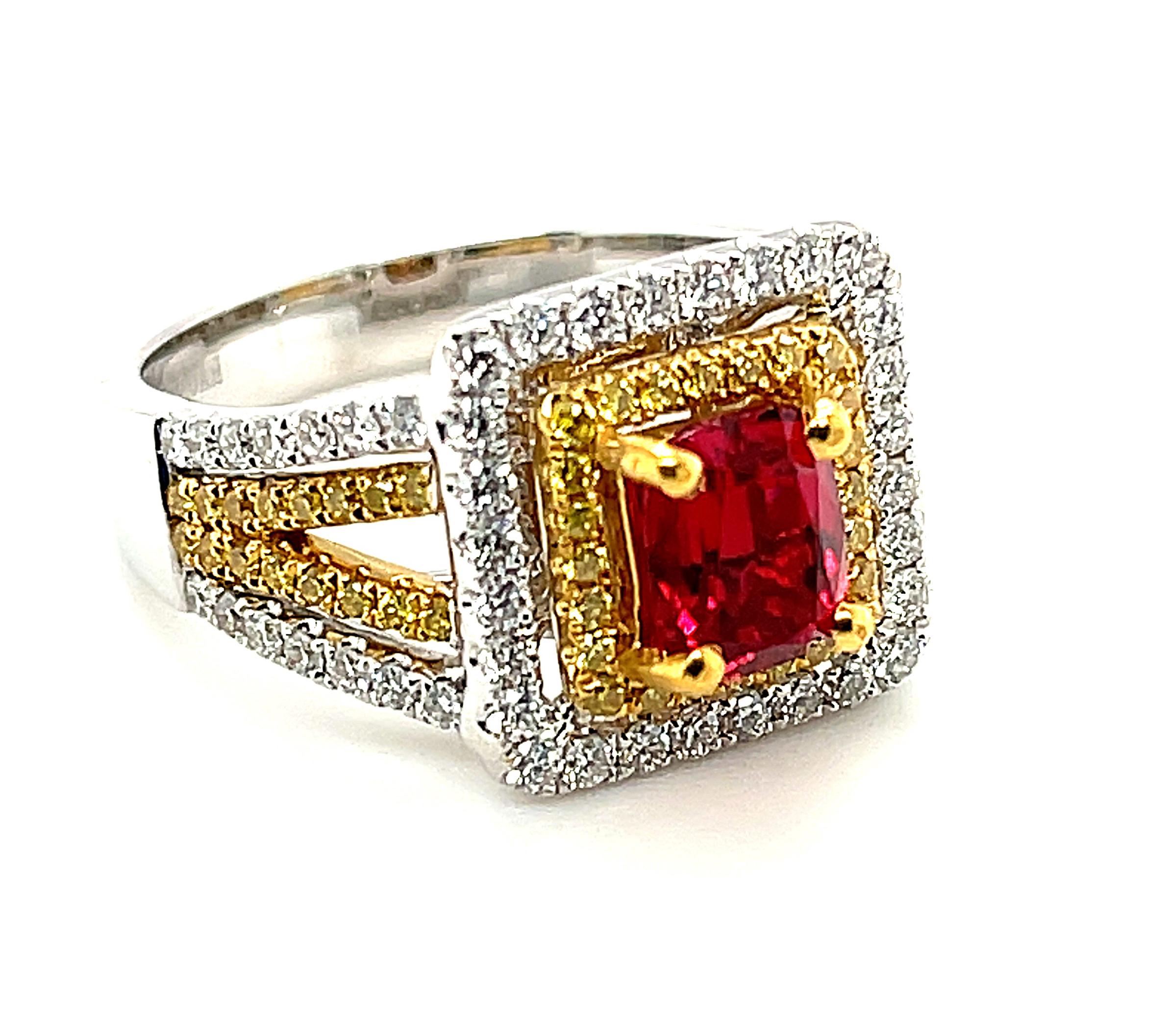Cushion Cut 1.23 Carat Burmese Red Spinel and Diamond Cocktail Ring in Yellow and White Gold For Sale