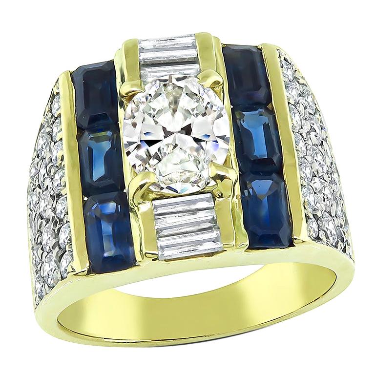 1.23 Carat Center Diamond 1.50 Carat Side Diamond Sapphire Gold Ring