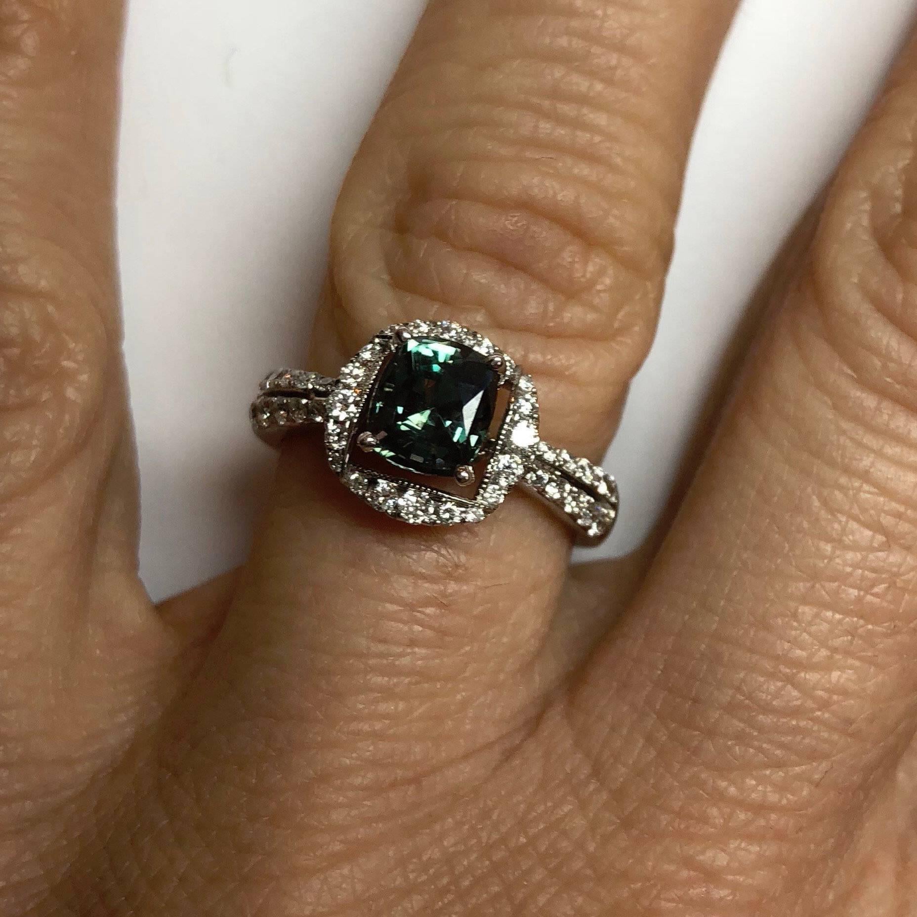 1.23 Carat Cushion Natural Color Changing Alexandrite & 0.45 Carat Diamond Ring In New Condition In GREAT NECK, NY