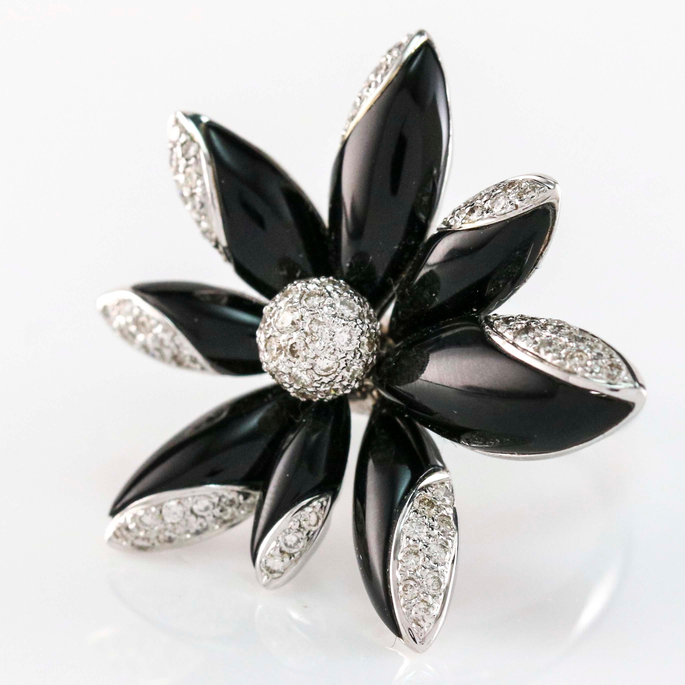 Women's or Men's 1.23 Carat Diamond Lily Onyx Flower 18 Karat White Gold Cocktail Ring For Sale